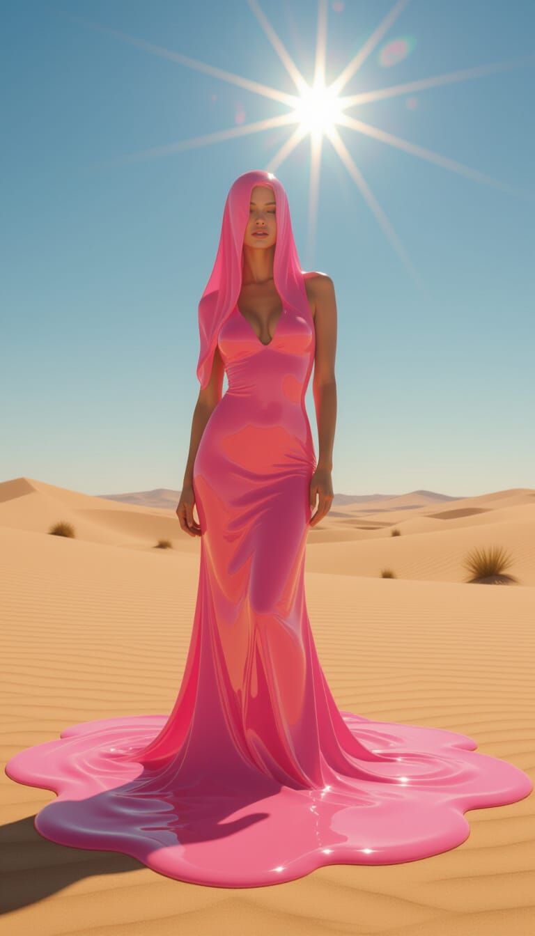 Melting Woman in Desert Landscape: Surreal Pink Sculpture