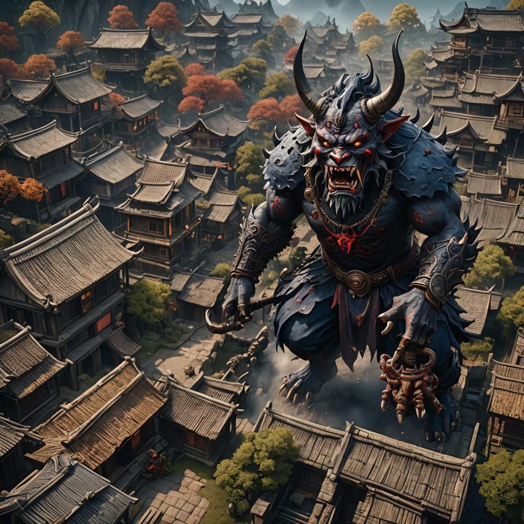 Oni Terrorizing Village: Detailed Matte Painting