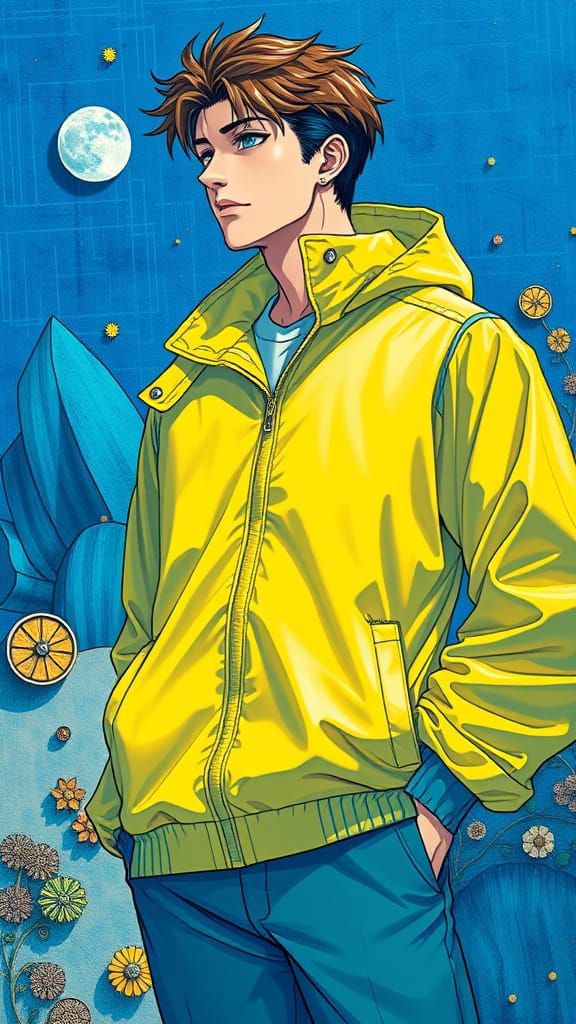 Pastel Yellow Nylon Windbreaker Studio Ghibli contrasting colors yellow and blue deep color art deco oil on canvas quill...