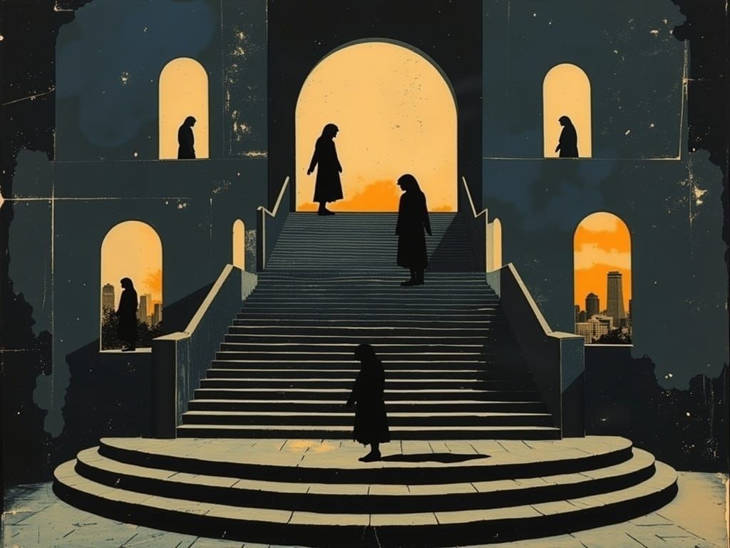 Surreal Stairway to Nowhere with Robotic Androids