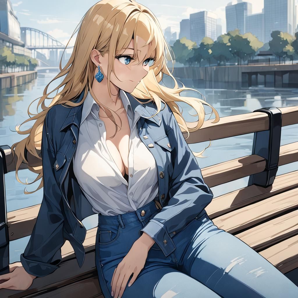 Blonde Woman in Jeans Jacket by Riverside