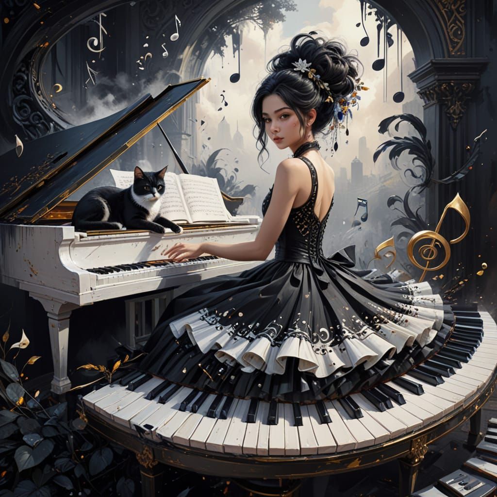 Elegant Oil Painting of a Woman at Piano with Feline Compani...