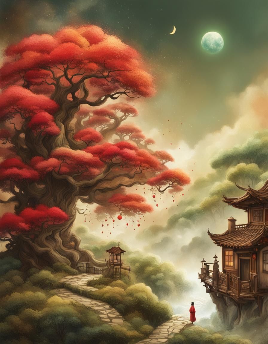 Misty Mountaintop Village in Chinese Ink Style