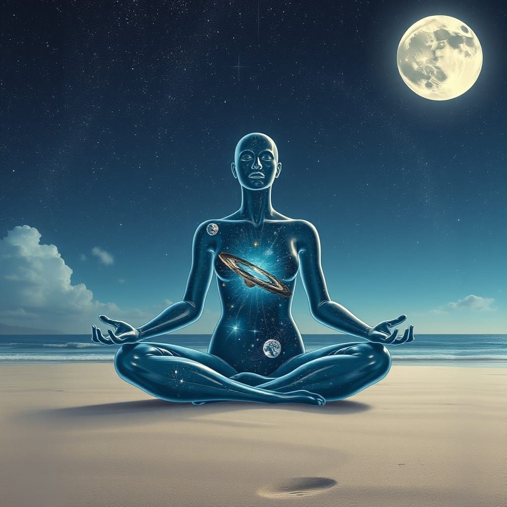 Cosmic Woman Meditating on Starry Beach