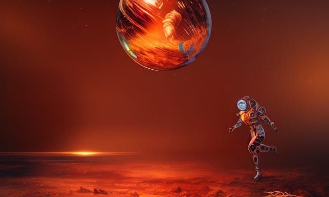 Female Space Pilot Running by Giant Orb
