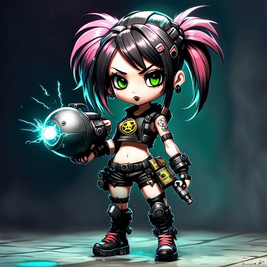 Chibi Cyberpunk Girl with a Bomb