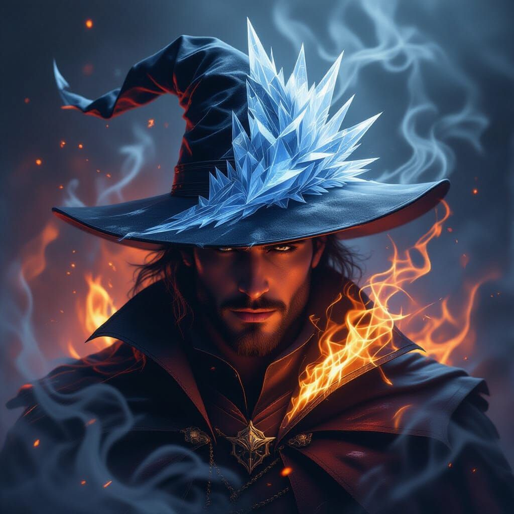 Fantasy Character with Crystal Flame Hat in Misty Glow