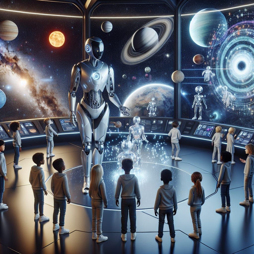 Futuristic Space Classroom with AI Robot Guide