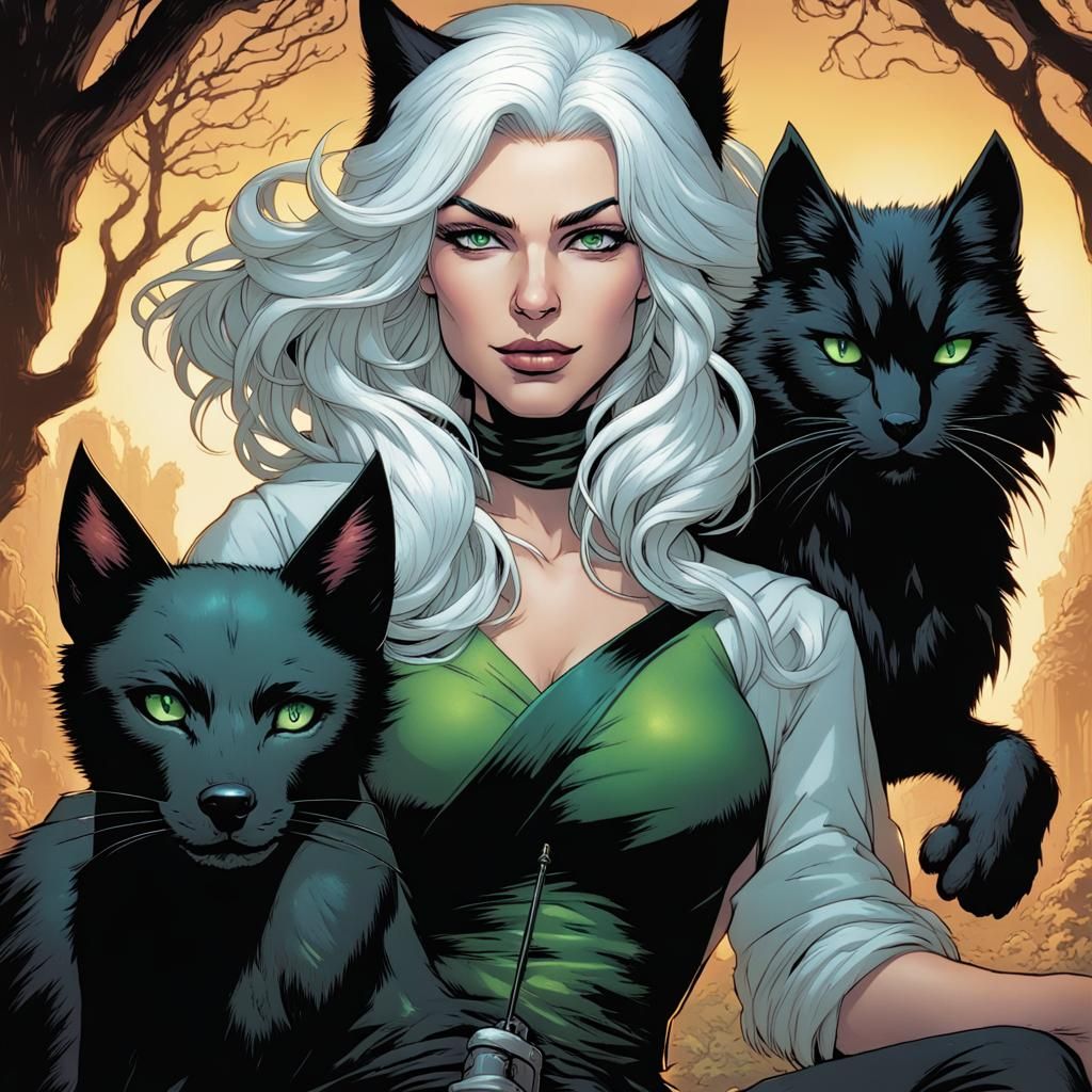 Wolf-Eared Witch and Black Cat in Comic Art Style