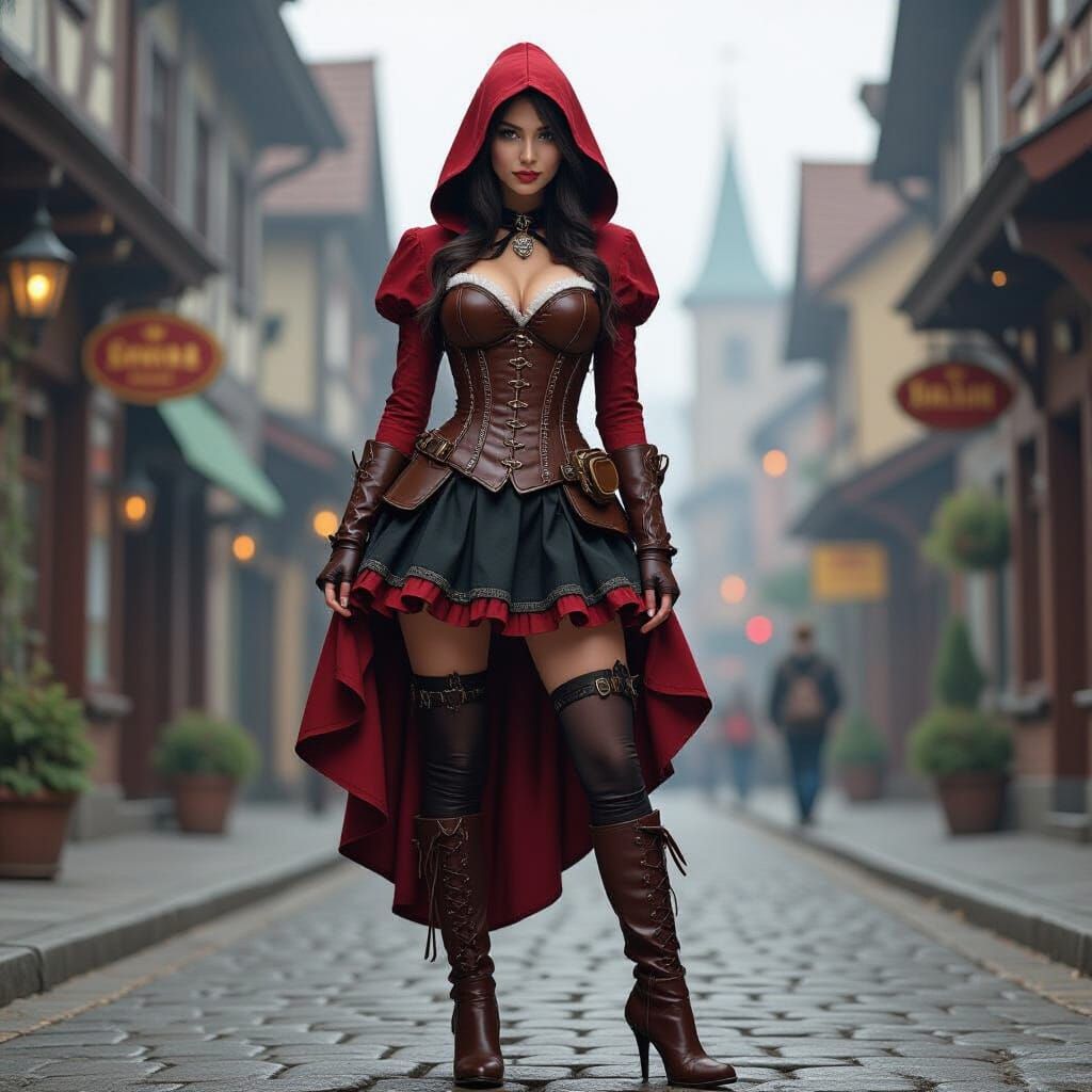 Steampunk Red Riding Hood in Corset and Boots