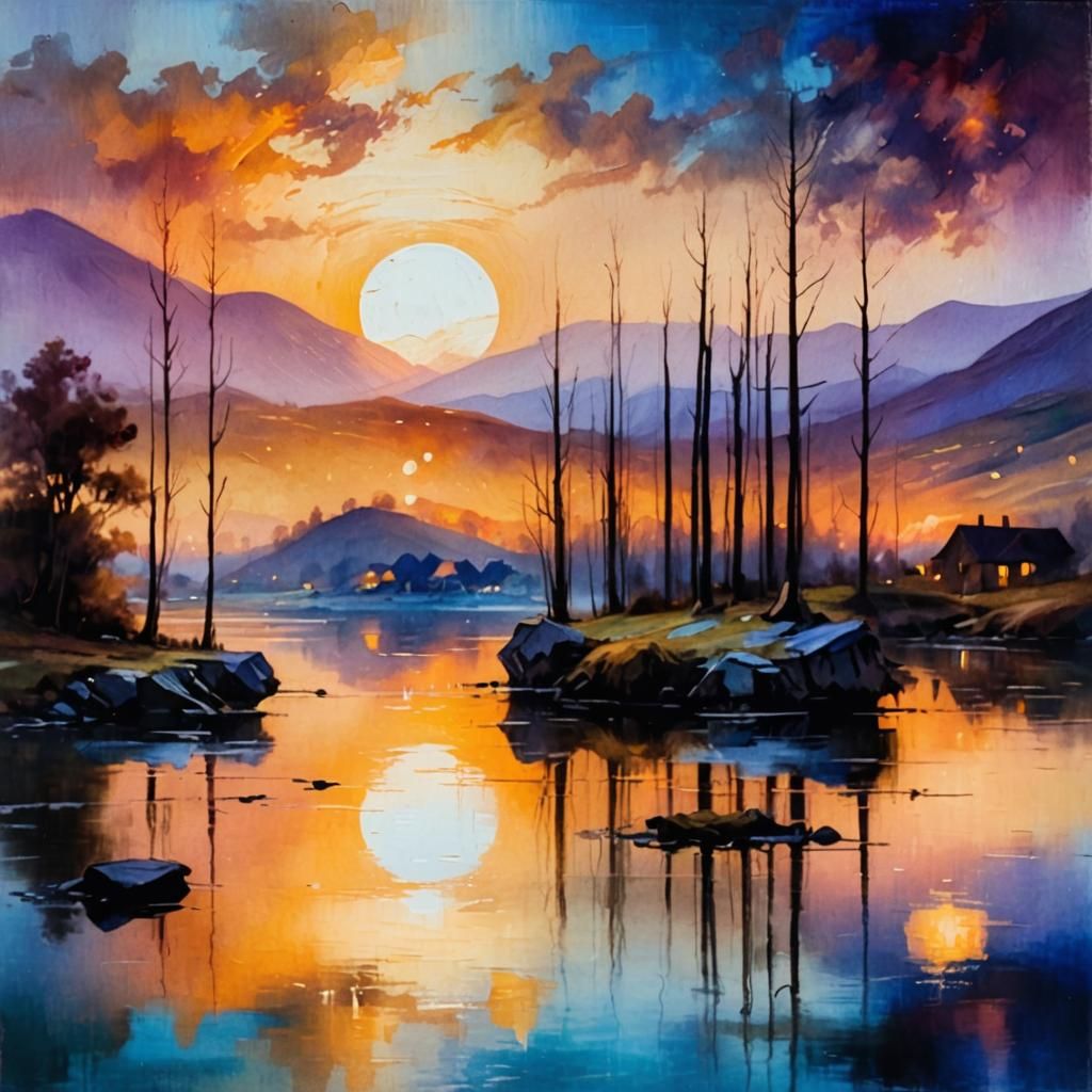 Painterly Sunset Landscape Art: Brook, Mountains, Huts