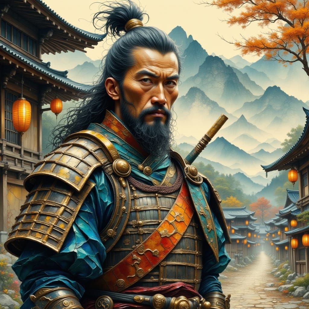 Samurai Warrior in Traditional Armor with Temple Backdrop