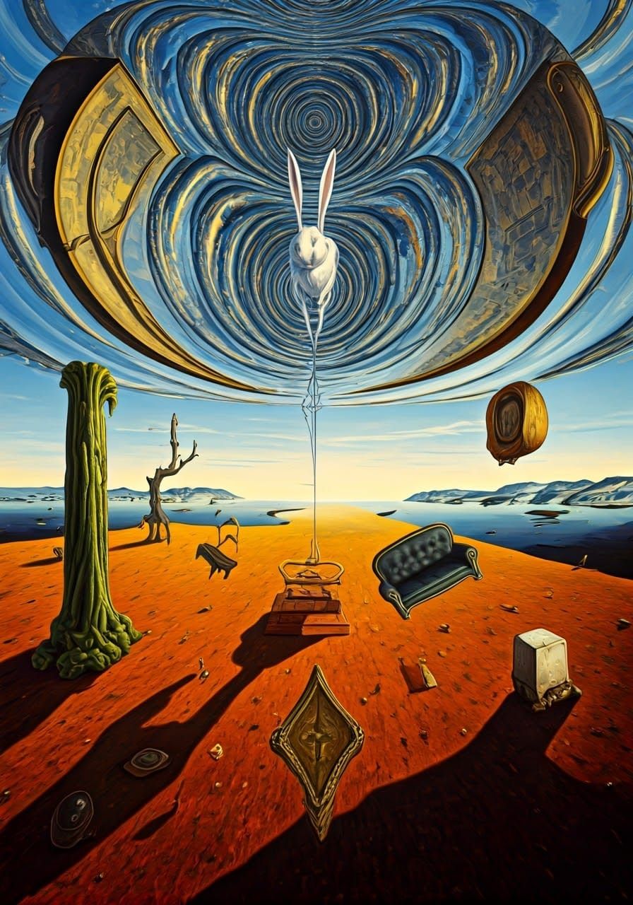 Surreal Landscape with Elastic Flora and White Rabbit