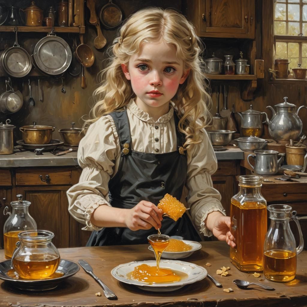 Girl Tasting Honey in Victorian Kitchen Painting