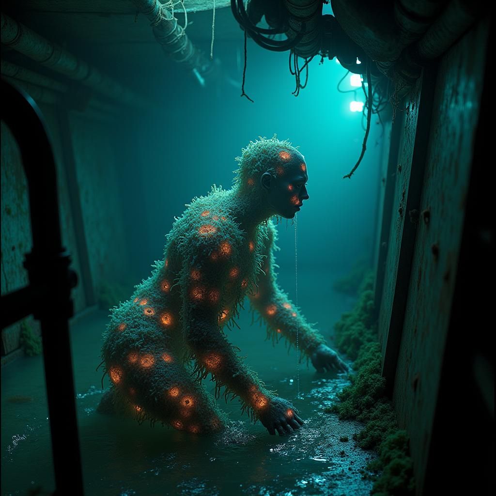 Bioluminescent Humanoid on Derelict Vessel in Aquatic Horror...