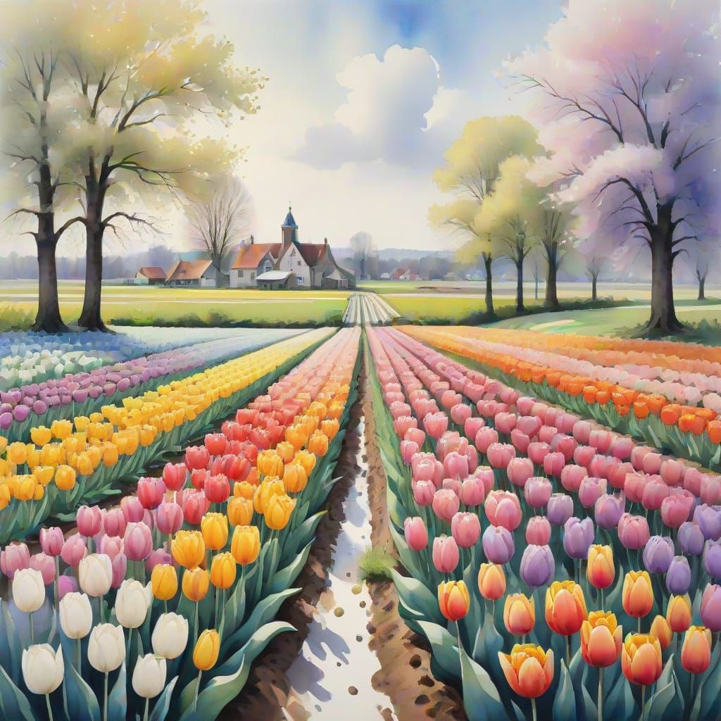 Vibrant Dutch Spring Landscape in Watercolor Style