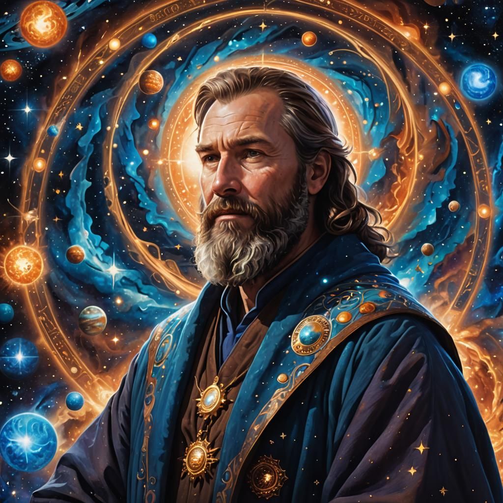 Man in Blue Robe with Cosmic Background