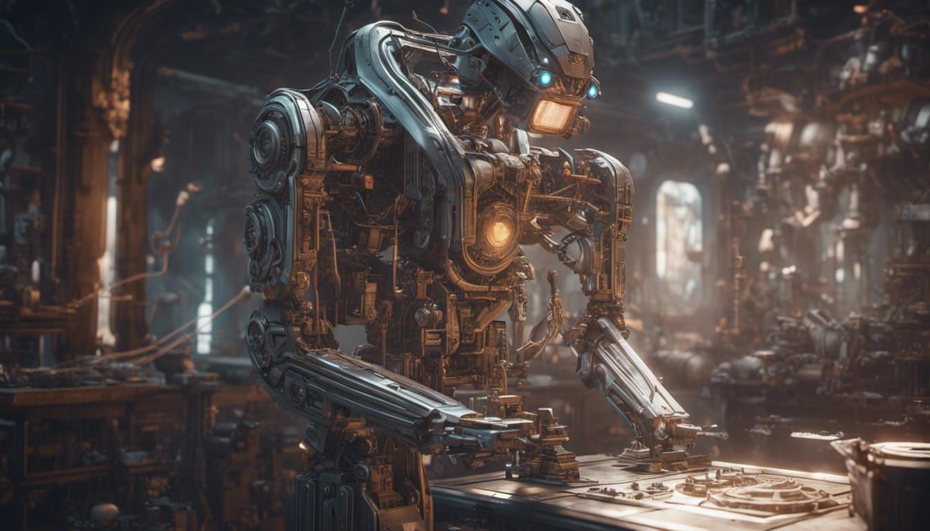 Fantasy Artificer Creates Machine in Sci-Fi Workshop