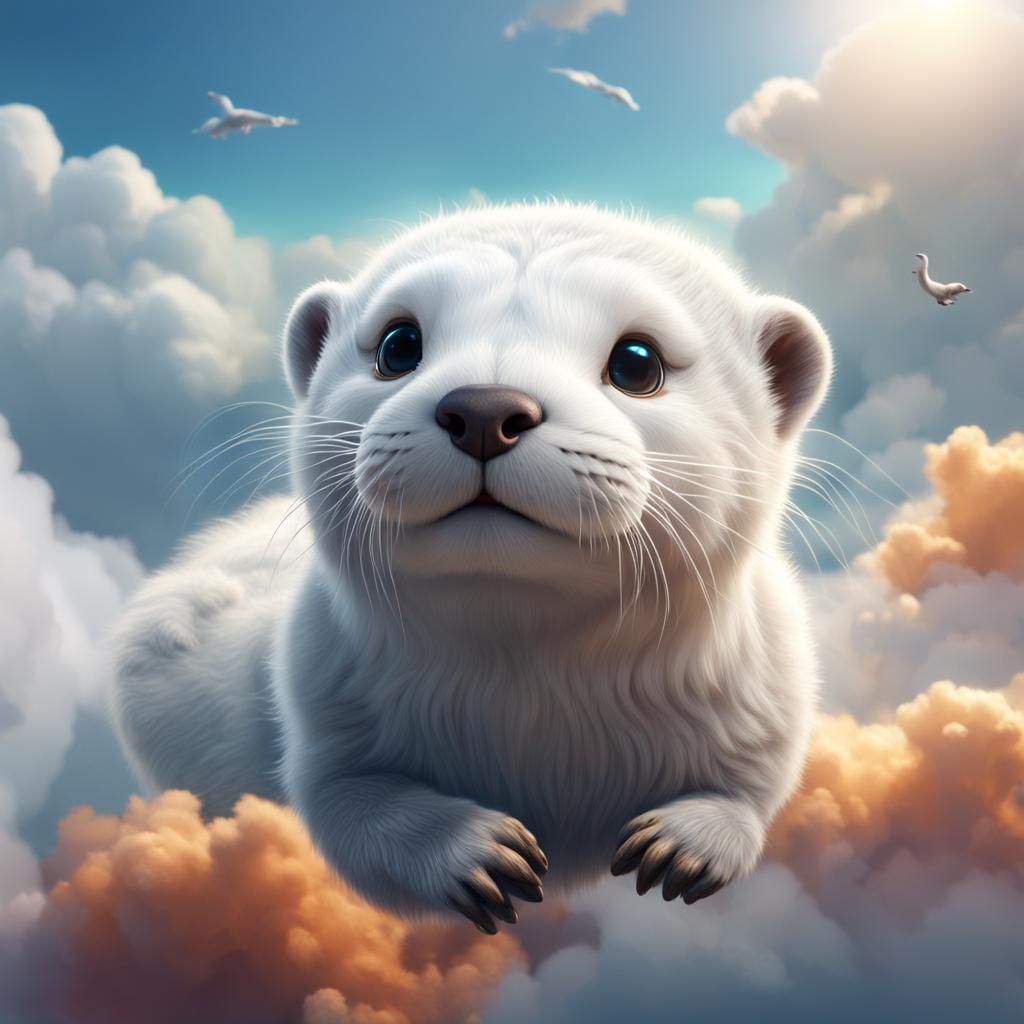 Fluffy Otter Cub Flying Above a Cloud