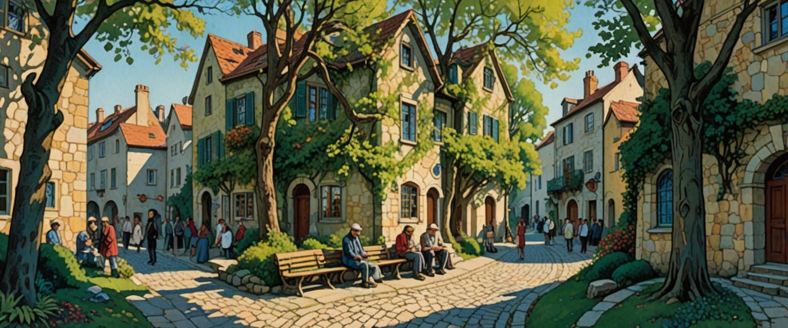 Bucolic Arts Colony in Comic Book Watercolor Style