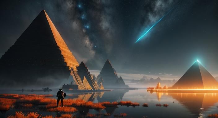 Futuristic Alien Landscape with Dinosaurs and Pyramid