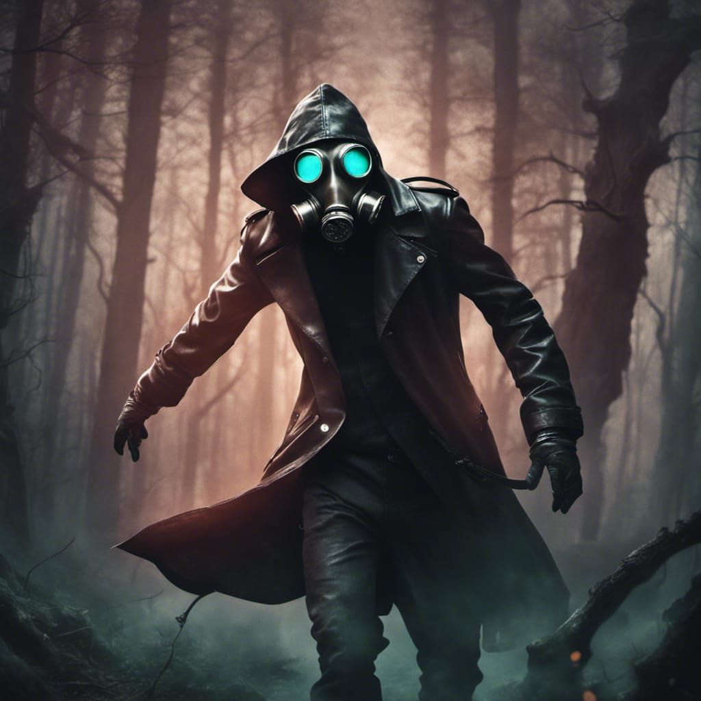 Mysterious Figure in Gas Mask Walking Haunted Forest