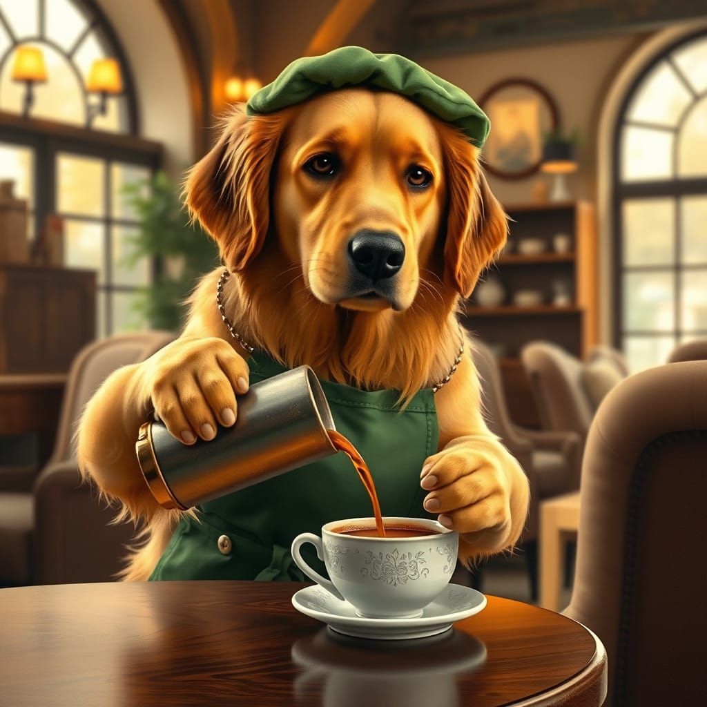 Golden Retriever Barista in Whimsical Café