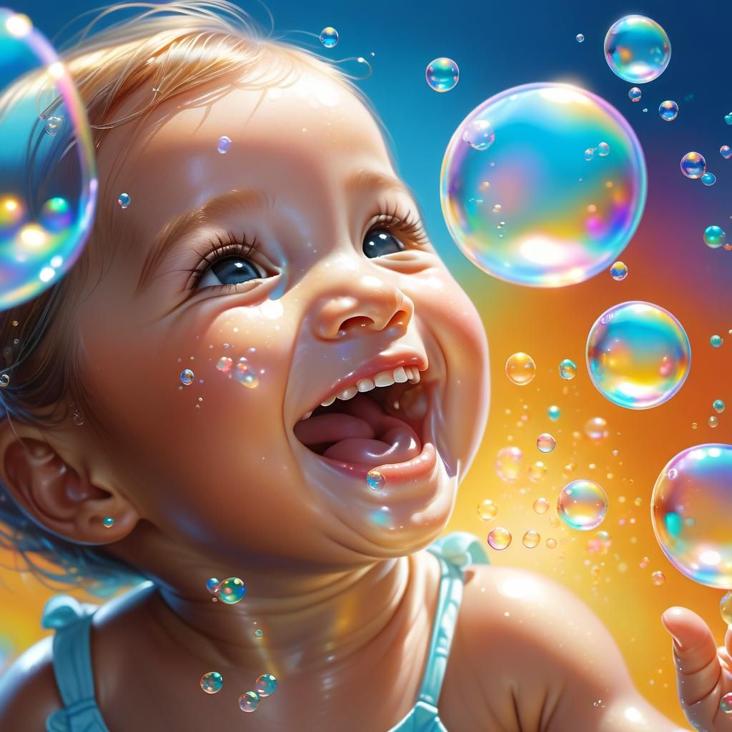 Baby Laughing in a Bubble World: Hyperrealistic Art