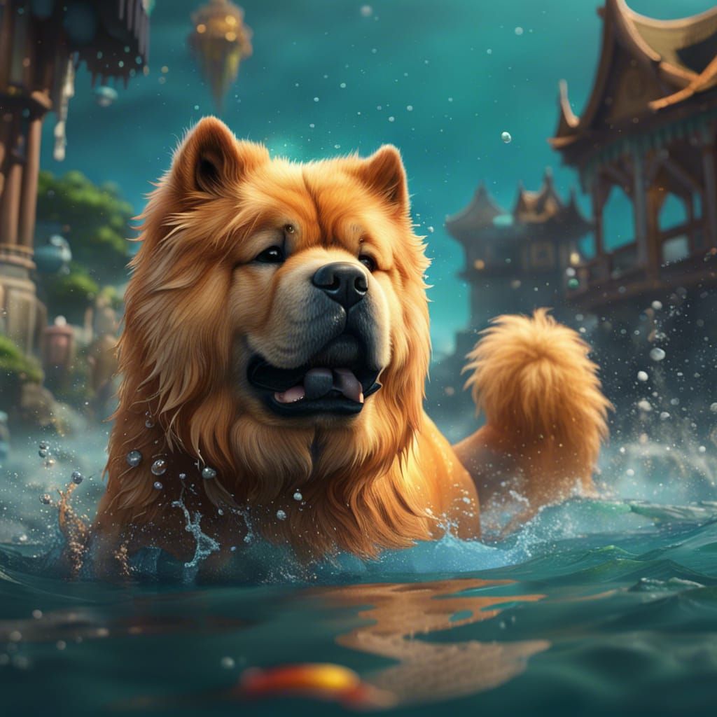 Chow Chow Dog Paddling: Detailed Matte Painting