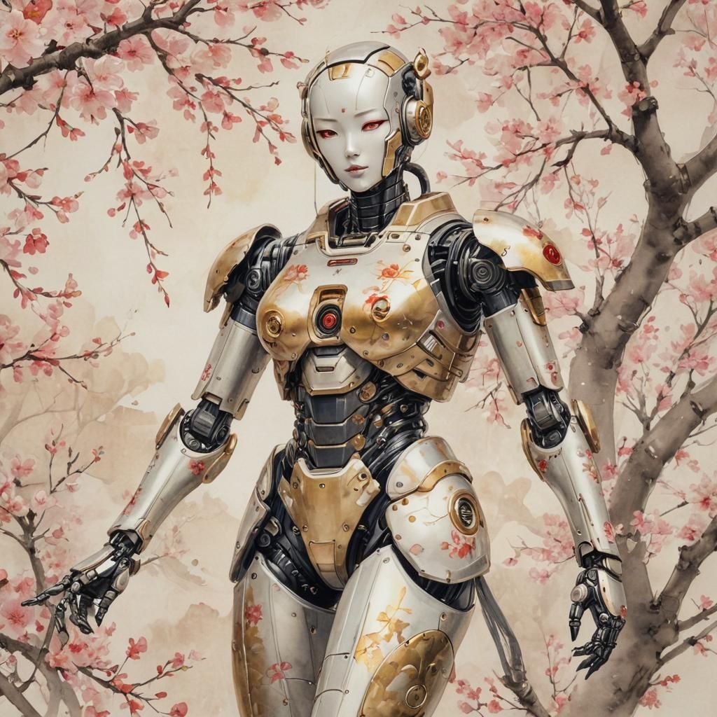 Robot Girl in Chinese Ink Wash Painting