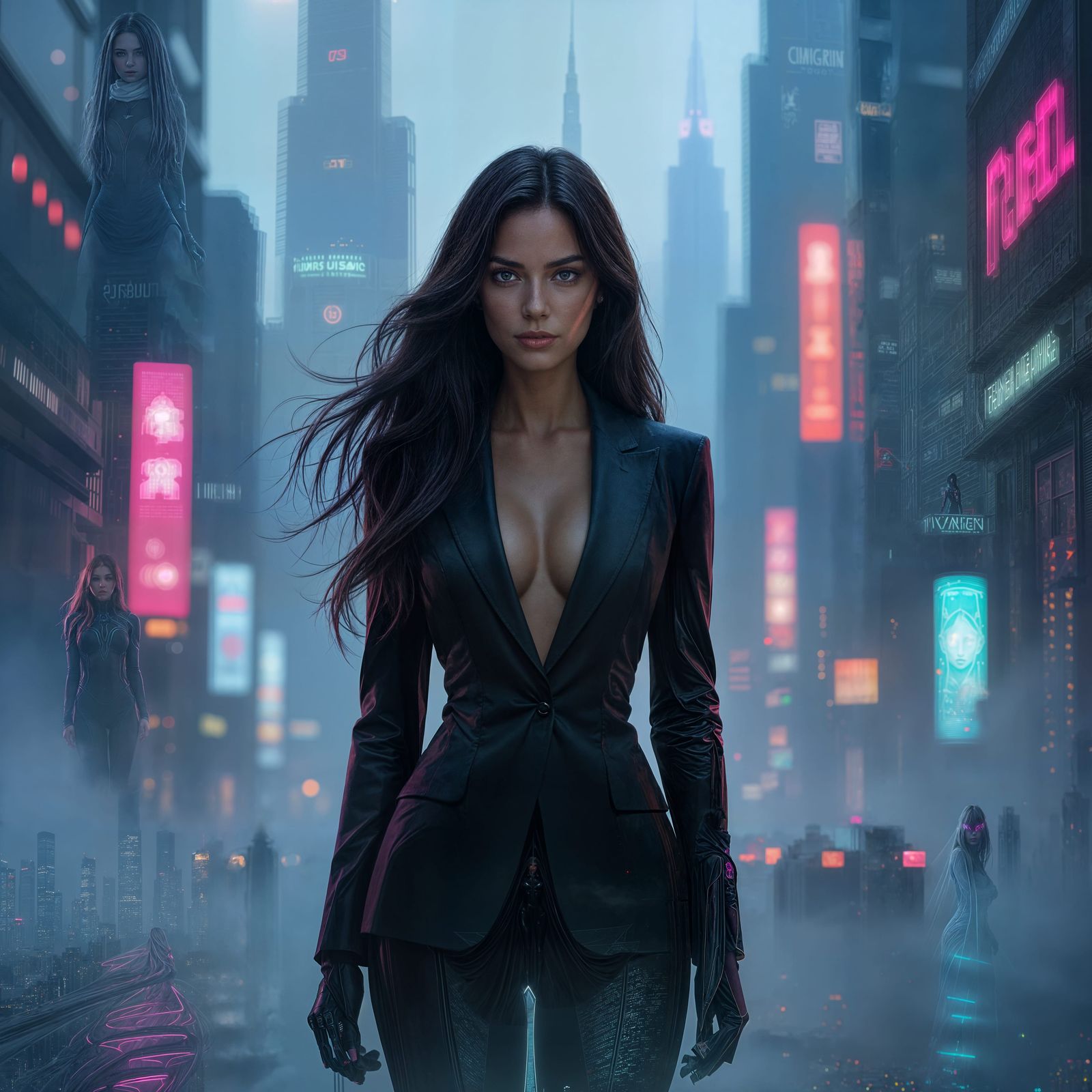 Futuristic Woman in Neon Cityscape: Cinematic Rendering