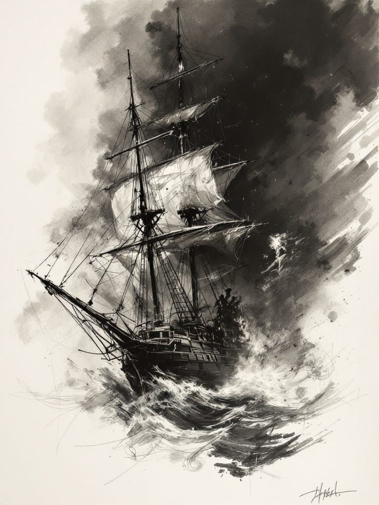 Charcoal Sketch of a Spanish Pirate Ship in a Smoky Nighttim...