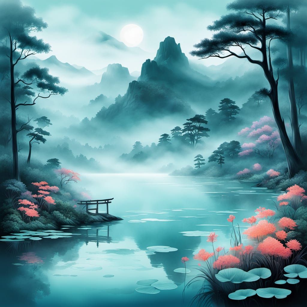 An airbrush tranquil, Japanese lake.