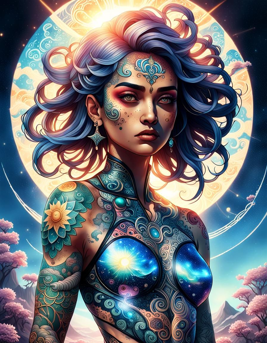 Celestial Tattoo Portrait in Vaporwave Style