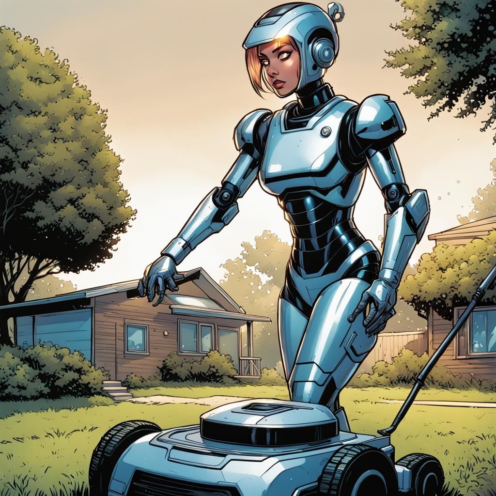 Android Robot Mowing Lawn: Comic Book Art