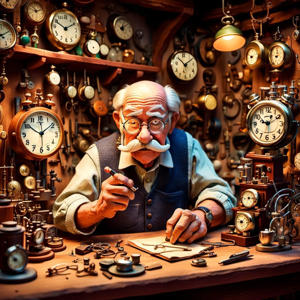 Cartoon Old Man Fixing Watch in Whimsical Shop