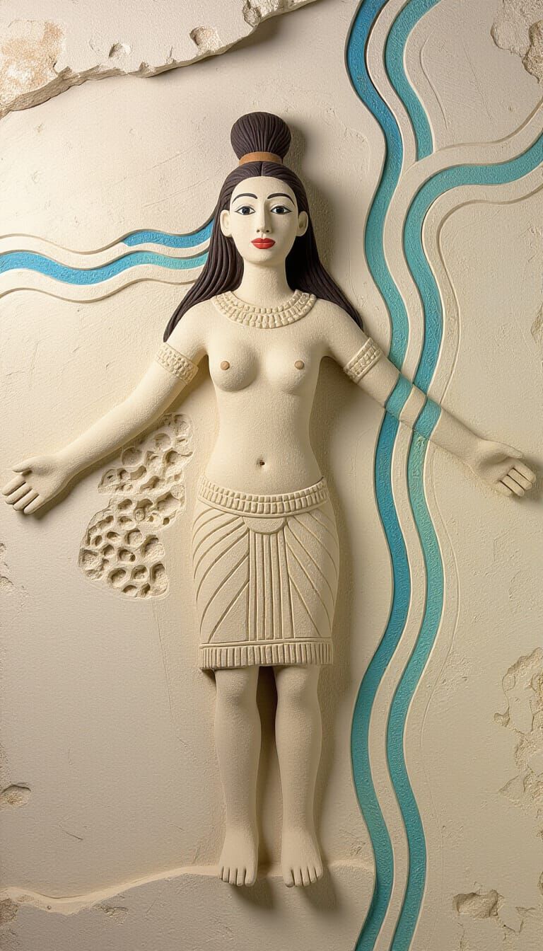 Ancient Water Spirit Carved into Plaster with Pale Pigments