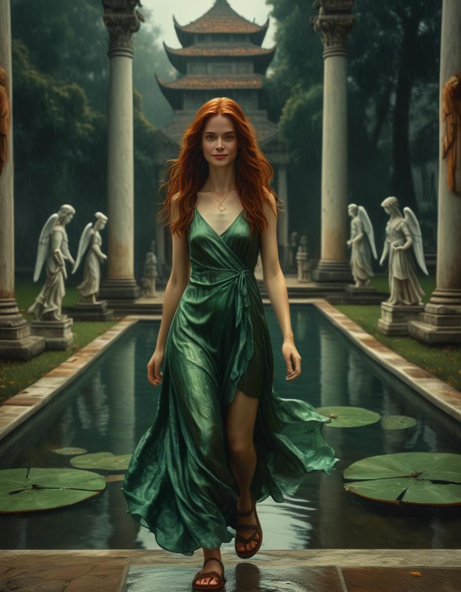 Renaissance Woman in Silk Dress by Pool