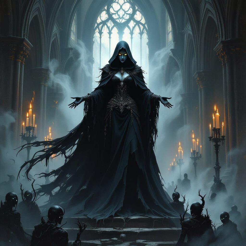 Nightshade Empress Commands Shadow Army in Gothic Cathedral