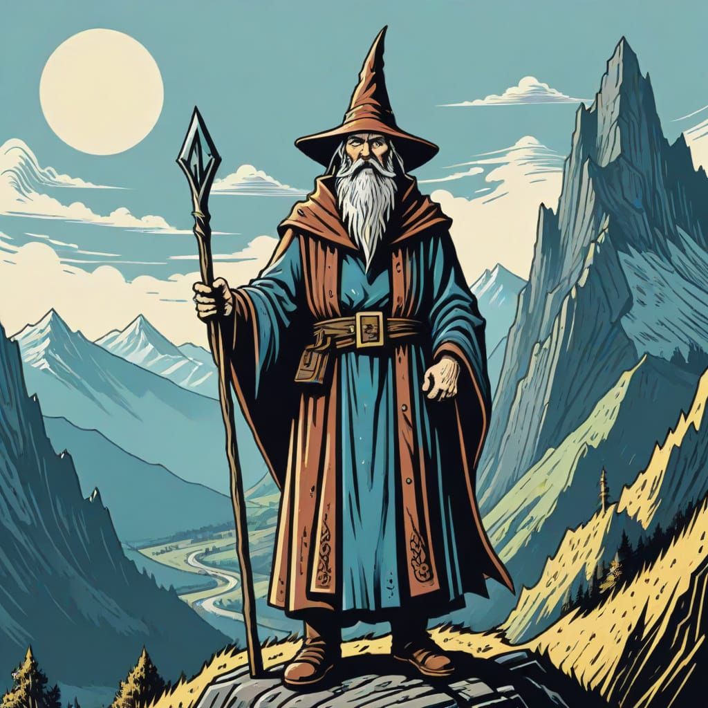 Medieval Wizard Amidst Majestic Mountains