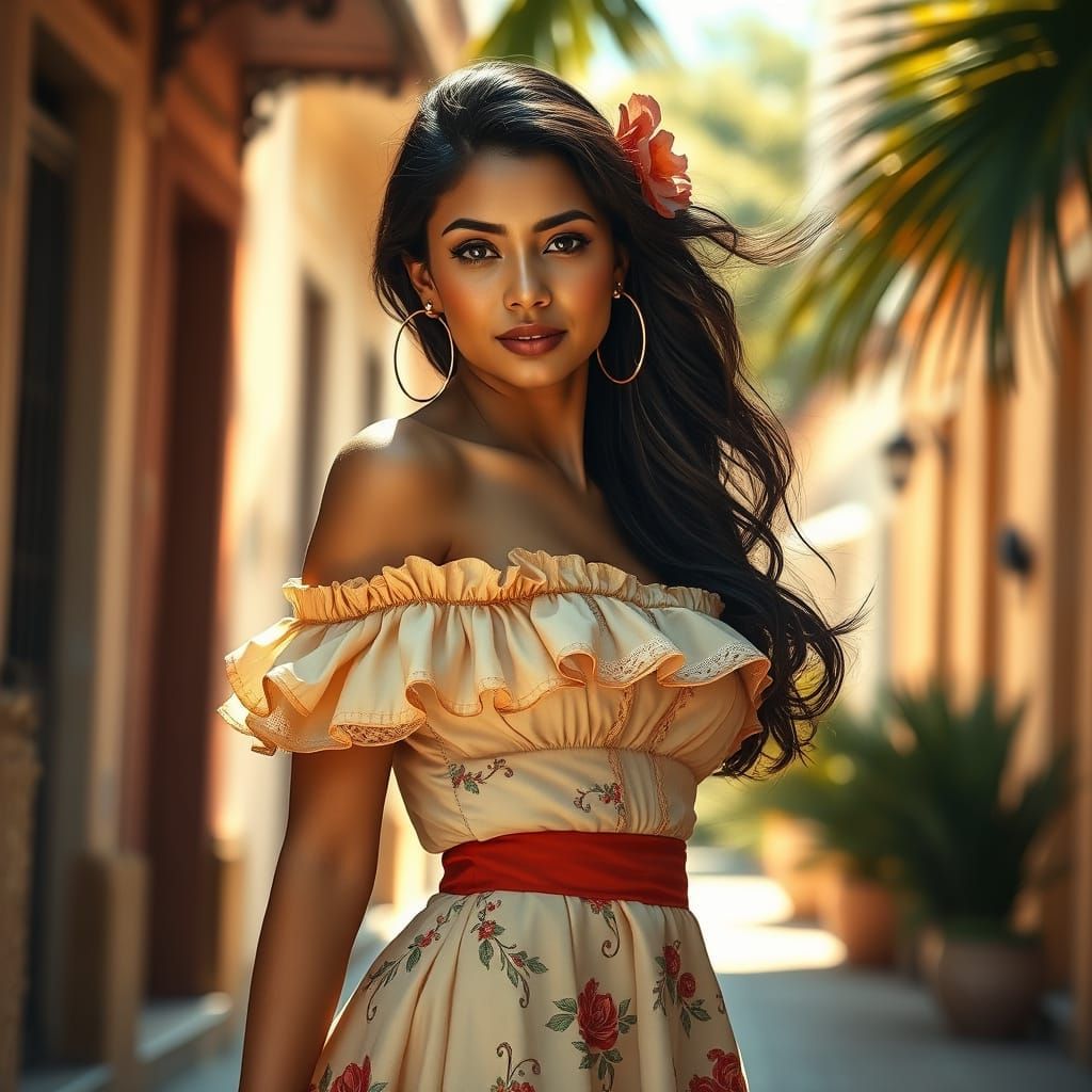 Elegant Cuban Woman in Vintage-Inspired Dress