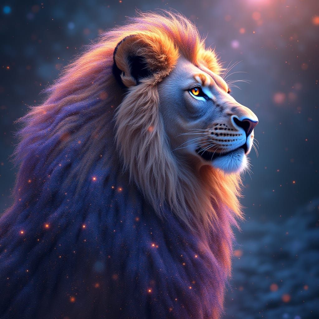 Cosmic Lion Protecting Celestial Life in Holographic Style