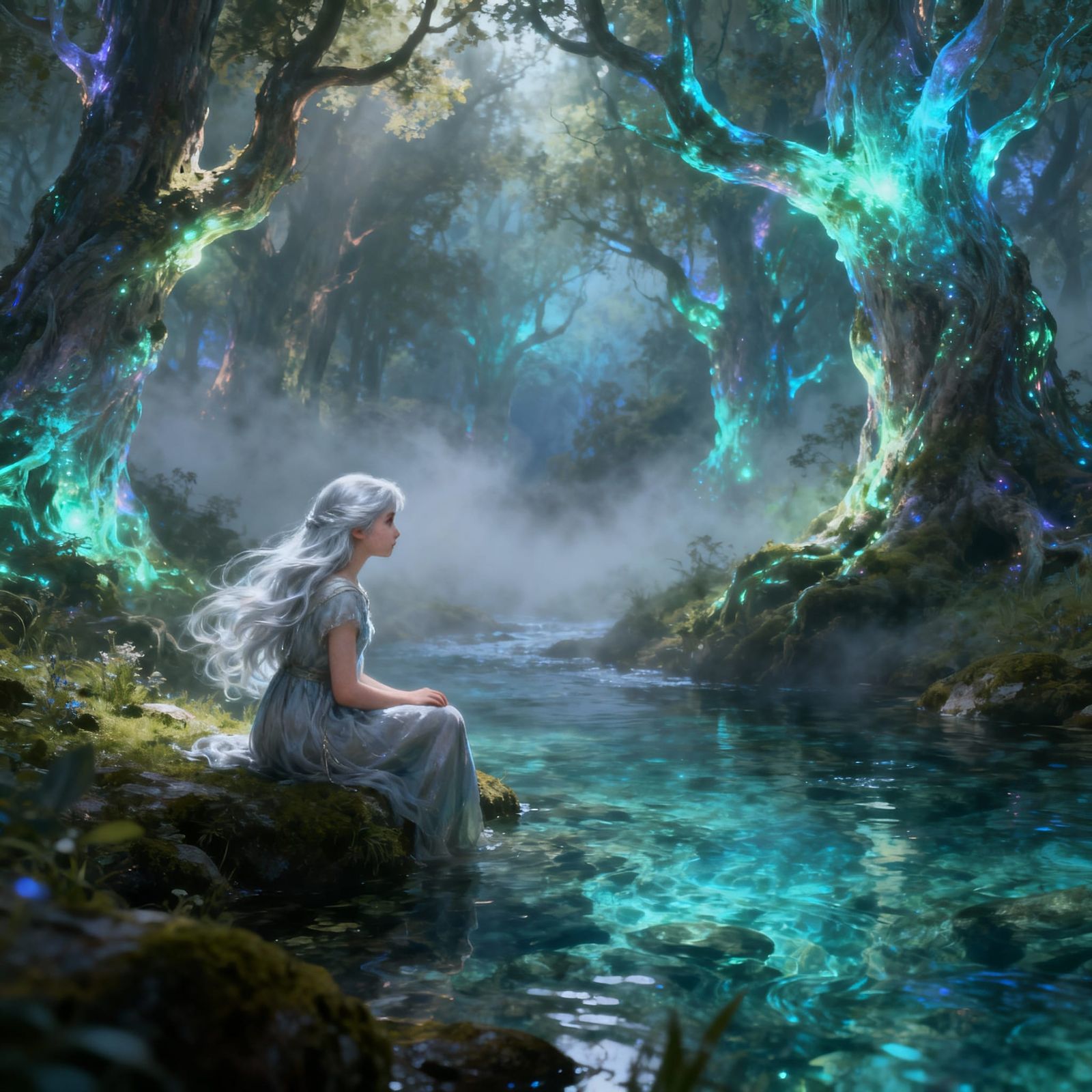 Enchanted Forest Scene: Girl by Stream, Ethereal Light