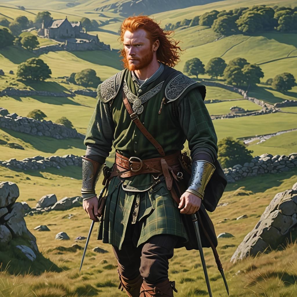 Hyperrealistic Highlander in Celtic Countryside
