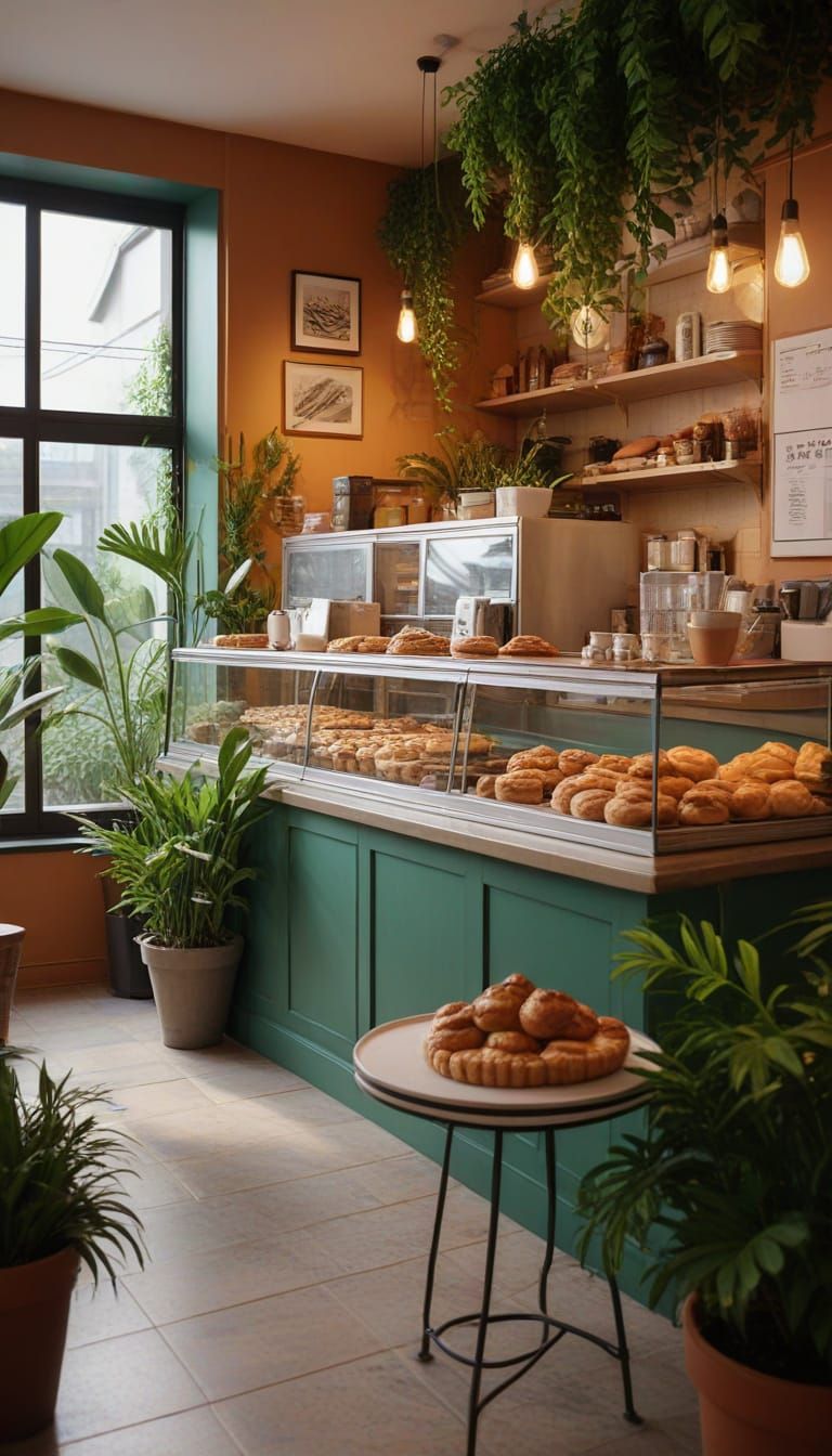 Cozy Cafe Corner with Pastries and Plants in Golden Hour