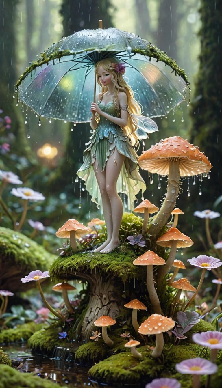 Ethereal Raindrop Fairy Under Flower Umbrella