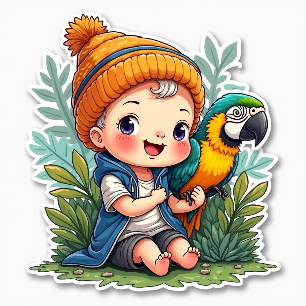 Baby with Parrot in Whimsical 2D Style