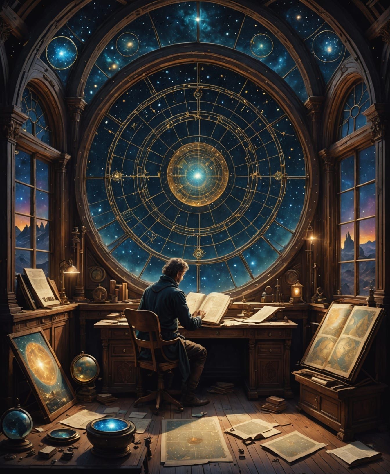 Ancient Cartographer Charts Galaxy in Dark Fantasy Style