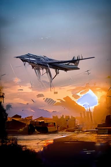 Plane flying over dystopian earth