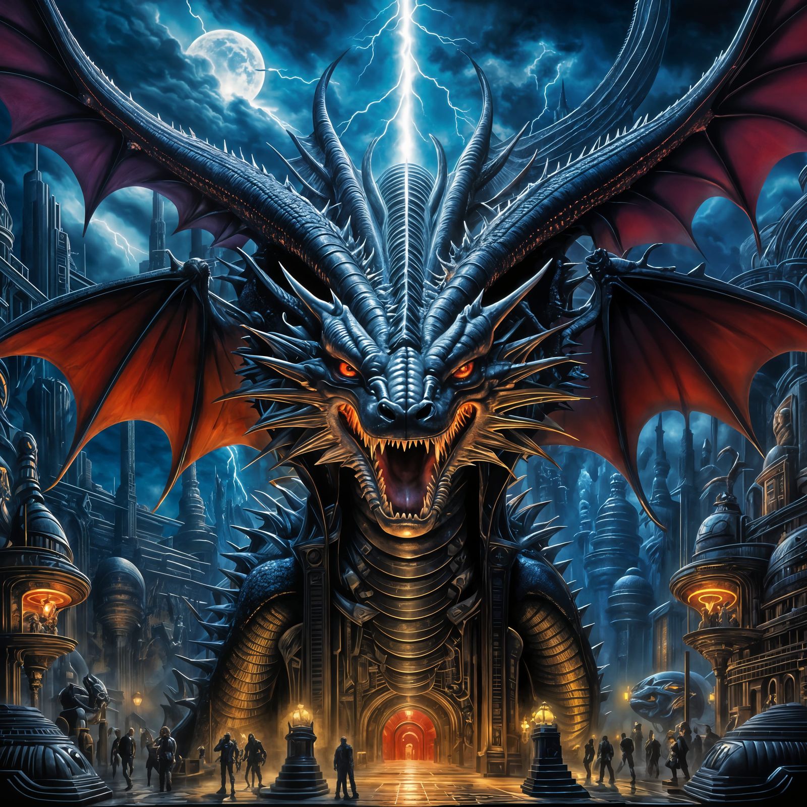 Surreal Cyberpunk Dragon in a Fiery, Dreamlike Landscape